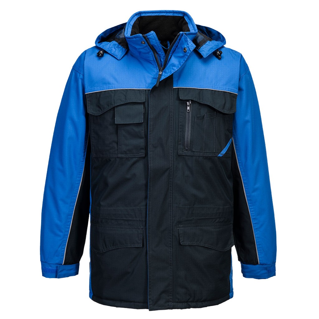 A navy blue jacket designed for use on construction sites and in industrial work environments.,