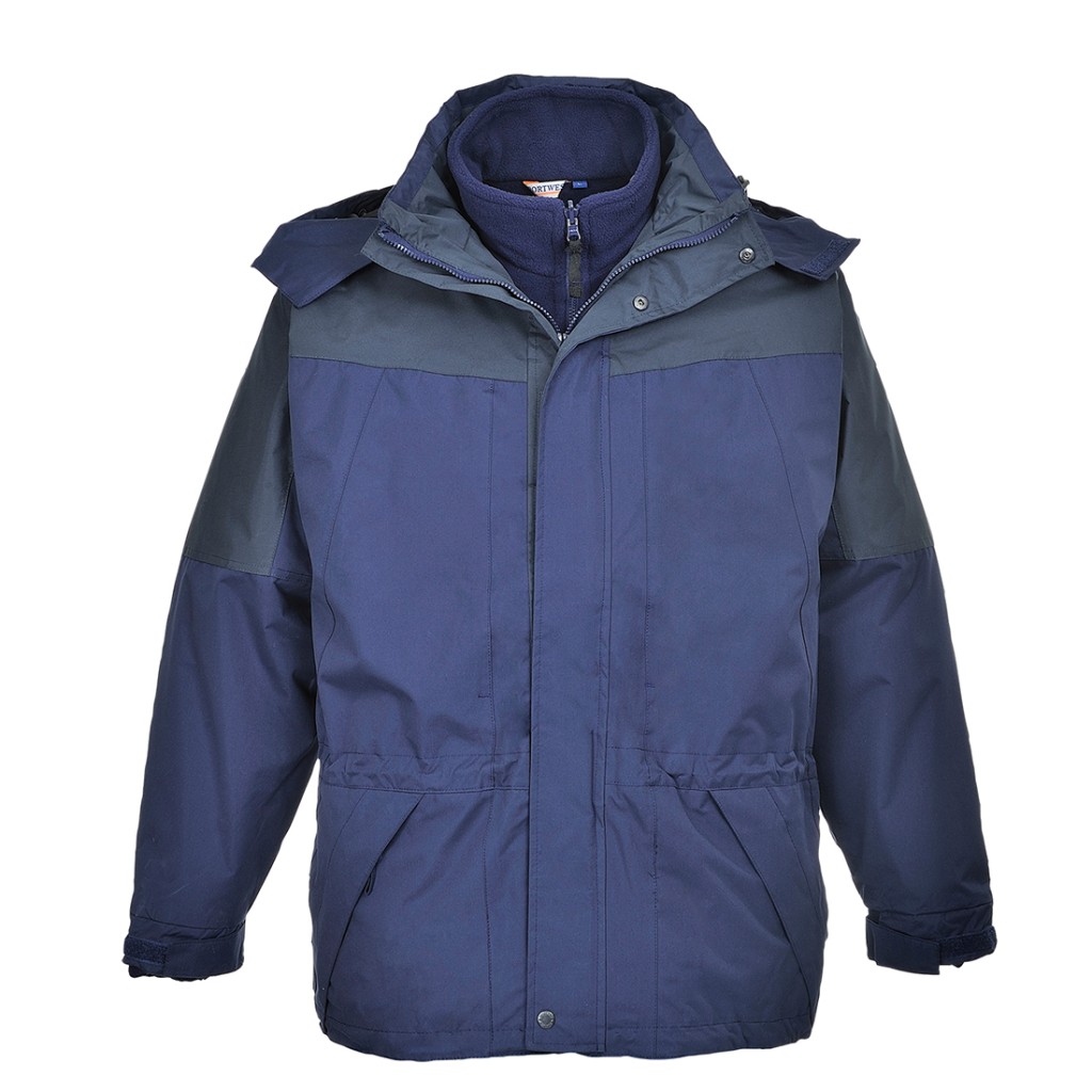 A navy blue jacket designed for use on construction sites and in industrial work environments.,