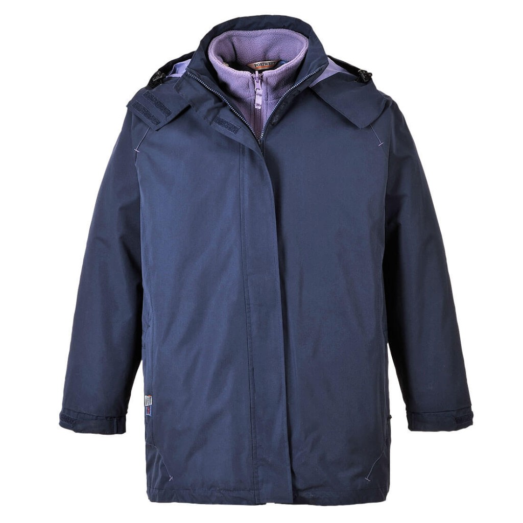 A women's navy blue jacket designed for use on construction sites and in industrial work environments.,