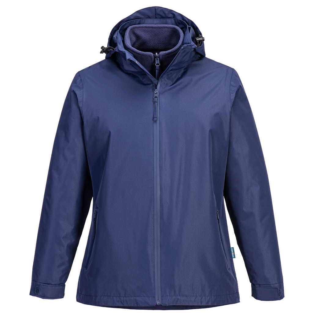 A women's navy blue jacket designed for use on construction sites and in industrial work environments.,