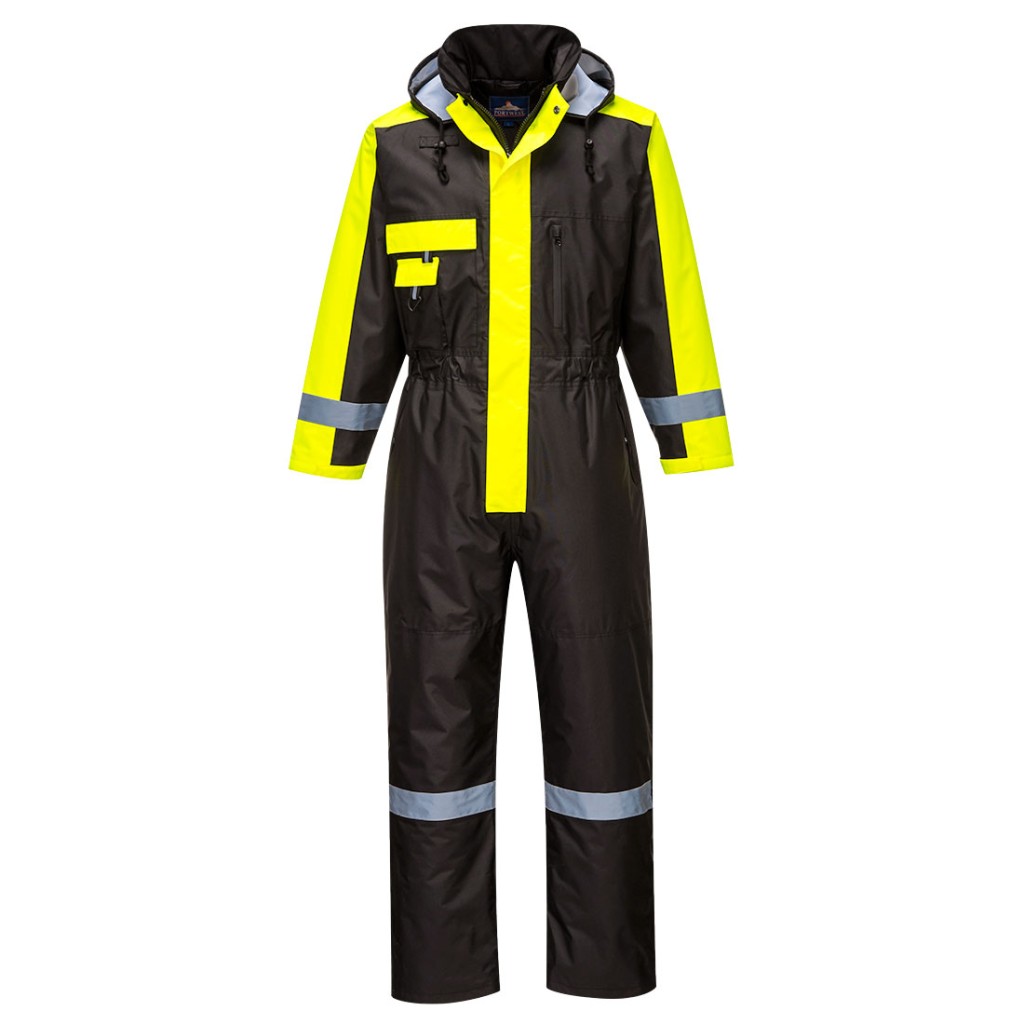 A black coverall designed for use on construction sites and in industrial work environments.,