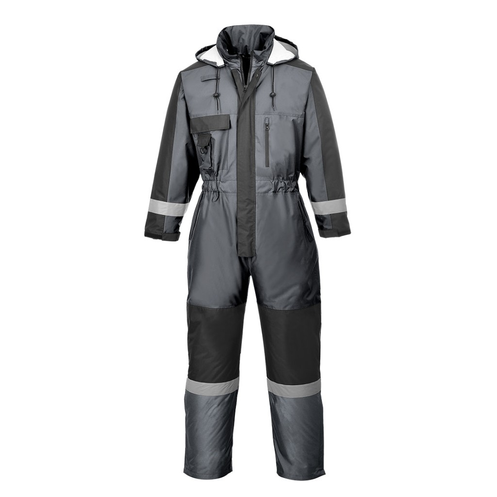 A grey coverall designed for use on construction sites and in industrial work environments.,