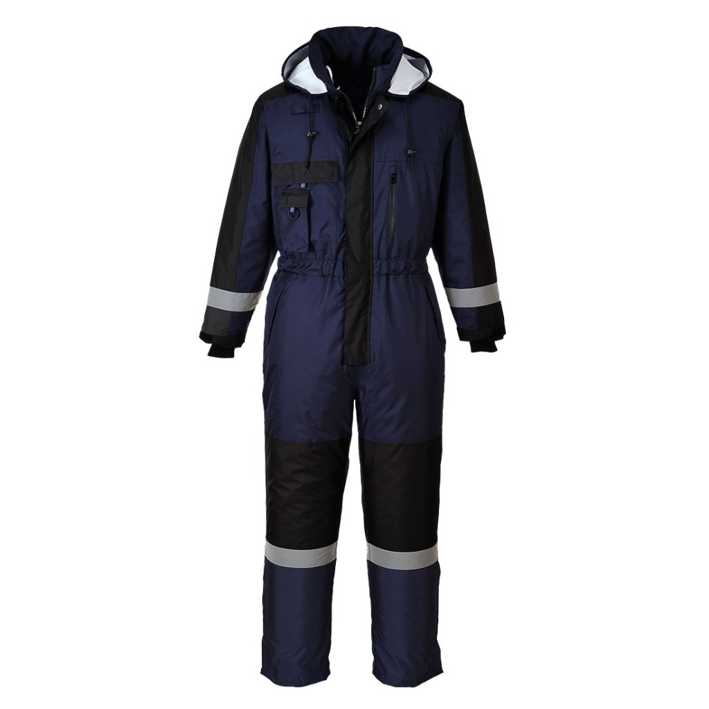 A navy blue coverall designed for use on construction sites and in industrial work environments.,