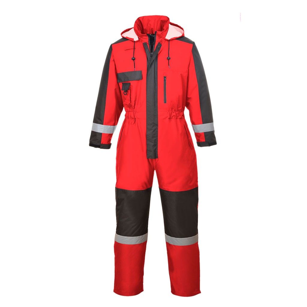 A red coverall designed for use on construction sites and in industrial work environments.,
