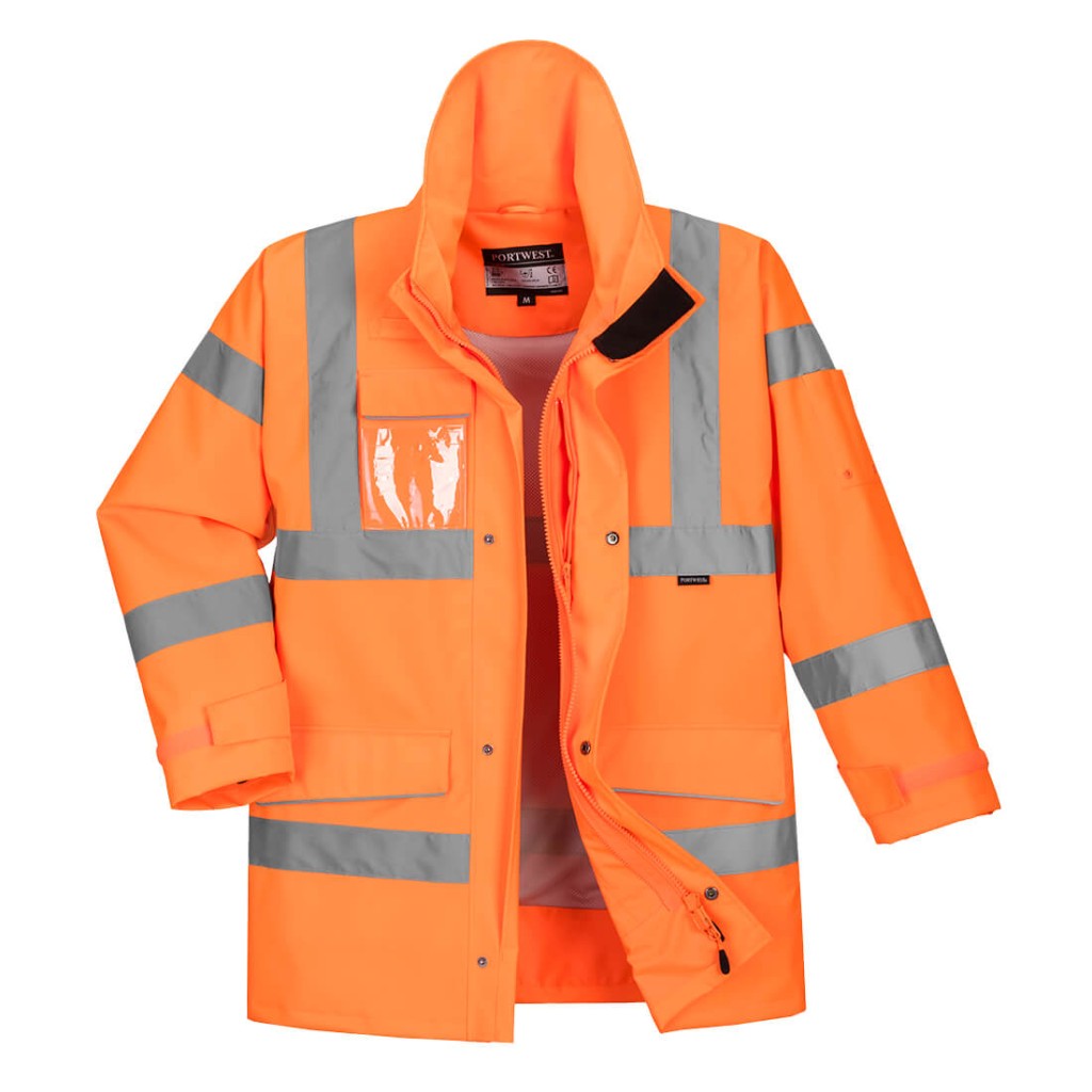 A high-visibility orange waterproof jacket featuring retroreflective tape panels, suitable for a wide range of outdoor and site work applications.