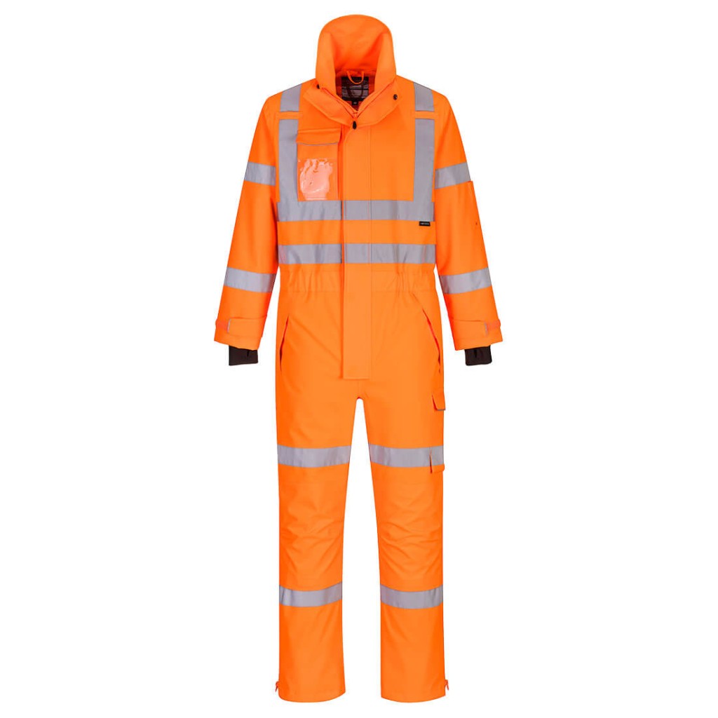A high-visibility orange coverall featuring retroreflective tape panels, suitable for a wide range of outdoor and site work applications.