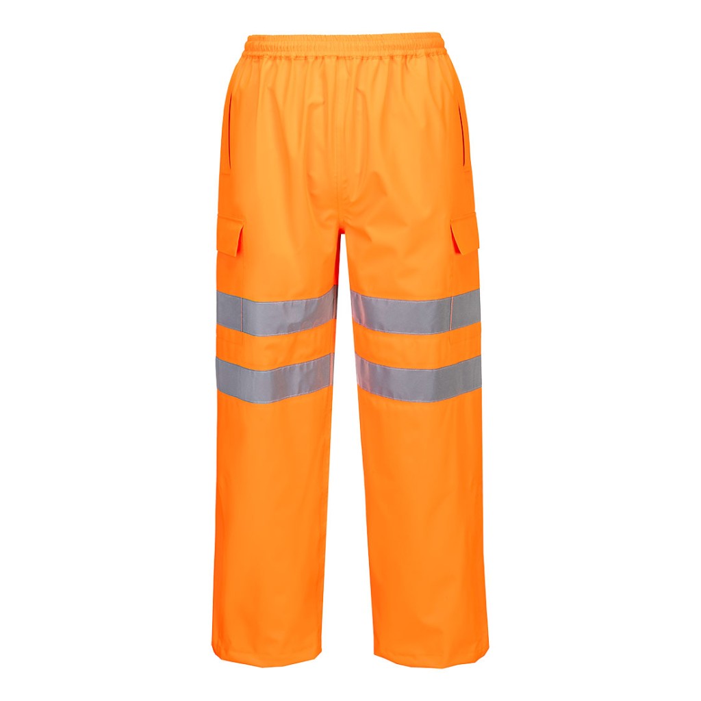 A pair of high-visibility orange trousers featuring retroreflective tape panels, suitable for a wide range of outdoor and site work applications.