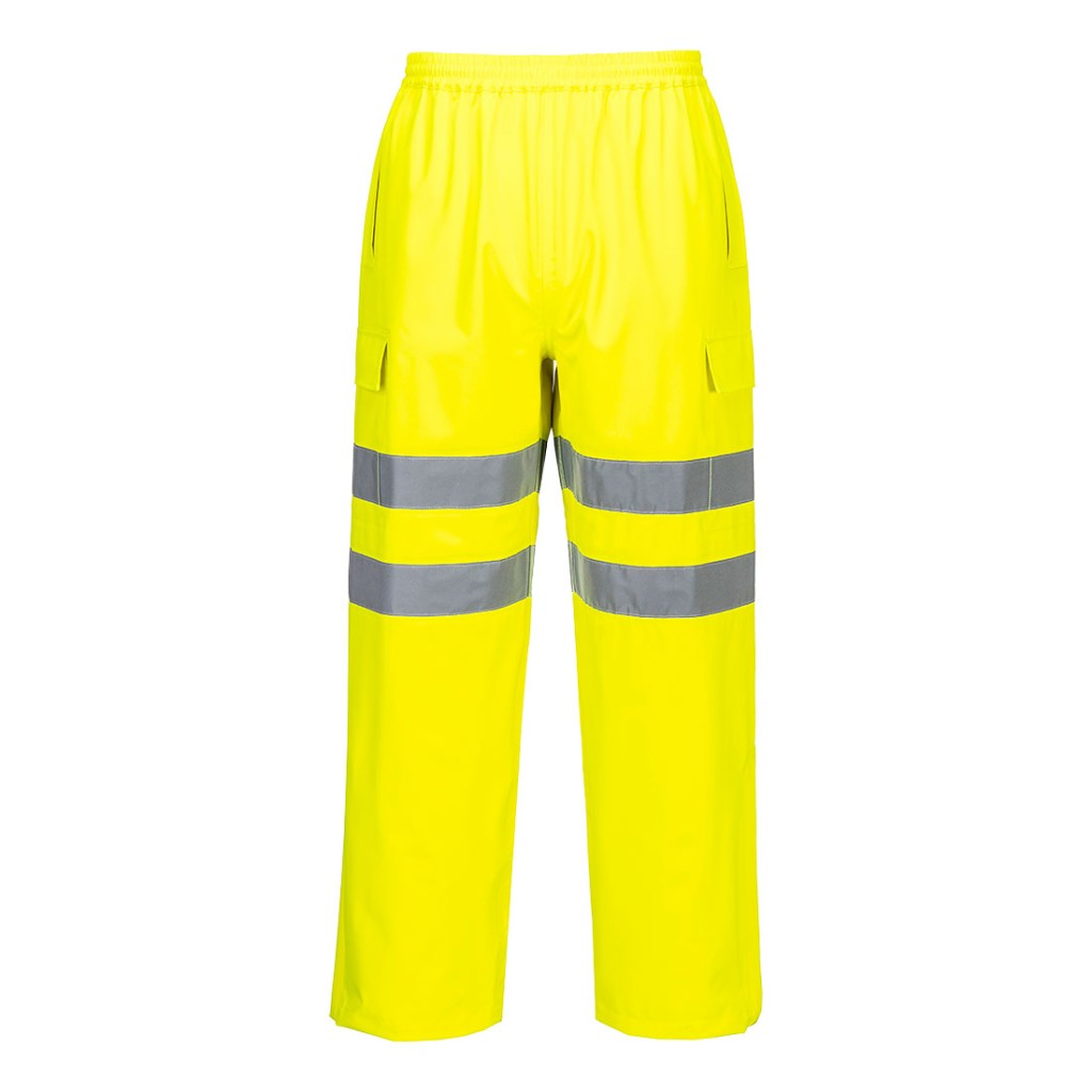 A pair of high-visibility yellow trousers featuring retroreflective tape panels, suitable for a wide range of outdoor and site work applications.