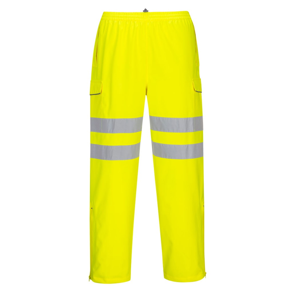A pair of high-visibility yellow trousers featuring retroreflective tape panels, suitable for a wide range of outdoor and site work applications.