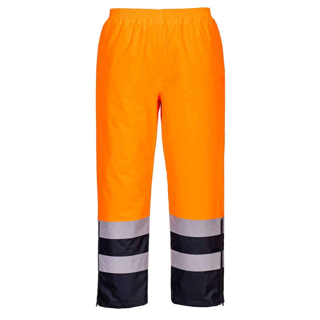 A pair of high-visibility orange trousers featuring retroreflective tape panels, suitable for a wide range of outdoor and site work applications.