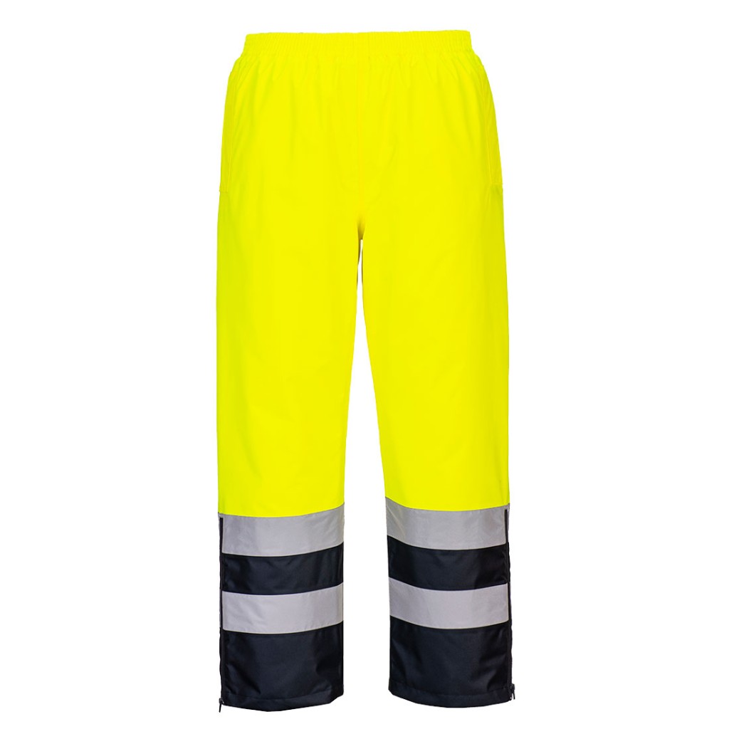 A pair of high-visibility yellow trousers featuring retroreflective tape panels, suitable for a wide range of outdoor and site work applications.