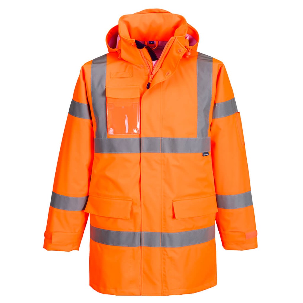 A high-visibility orange waterproof jacket featuring retroreflective tape panels, suitable for a wide range of outdoor and site work applications.