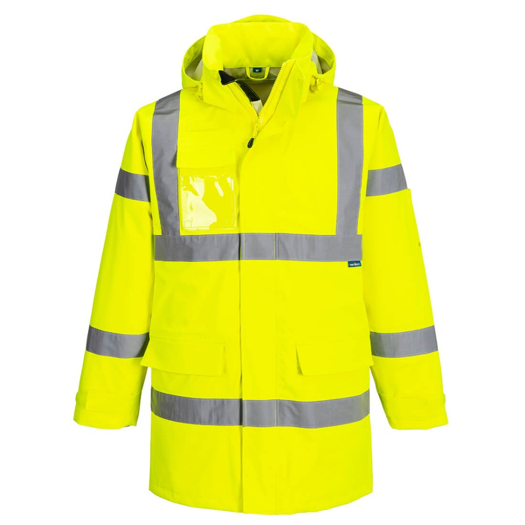 A high-visibility yellow waterproof jacket featuring retroreflective tape panels, suitable for a wide range of outdoor and site work applications.