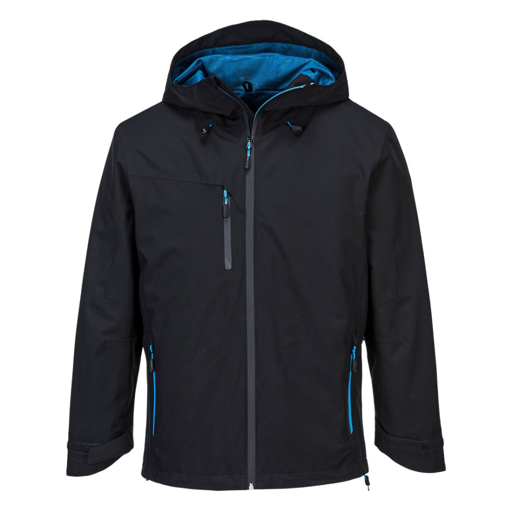 A black waterproof jacket designed for use on construction sites and in industrial work environments.,