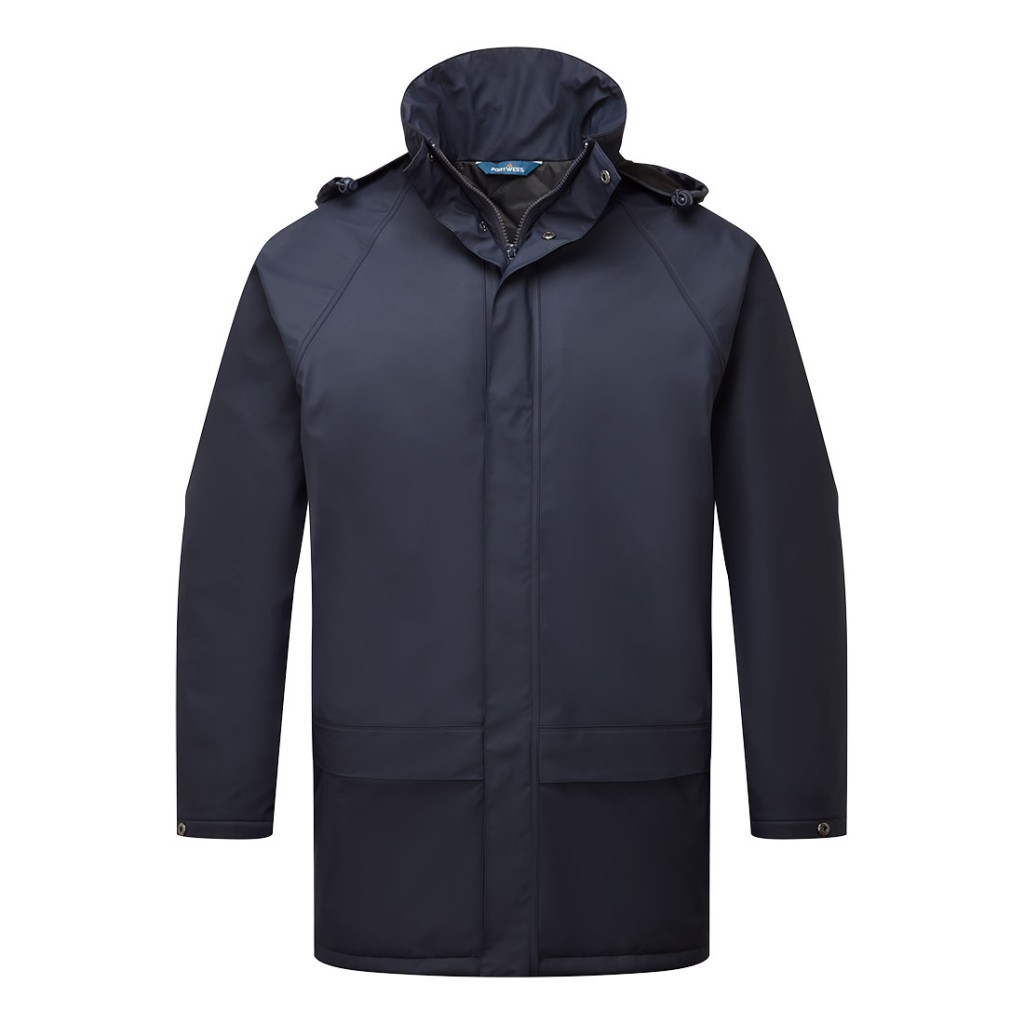 A navy blue jacket designed for use on construction sites and in industrial work environments.,