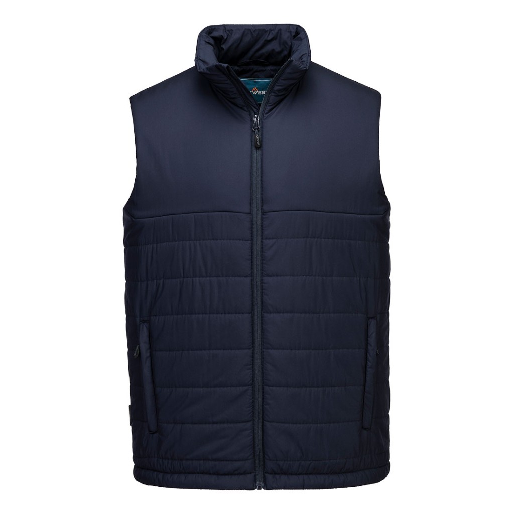 A navy blue safety vest featuring a warm thermal lining, suitable for a wide range of outdoor and site work applications.