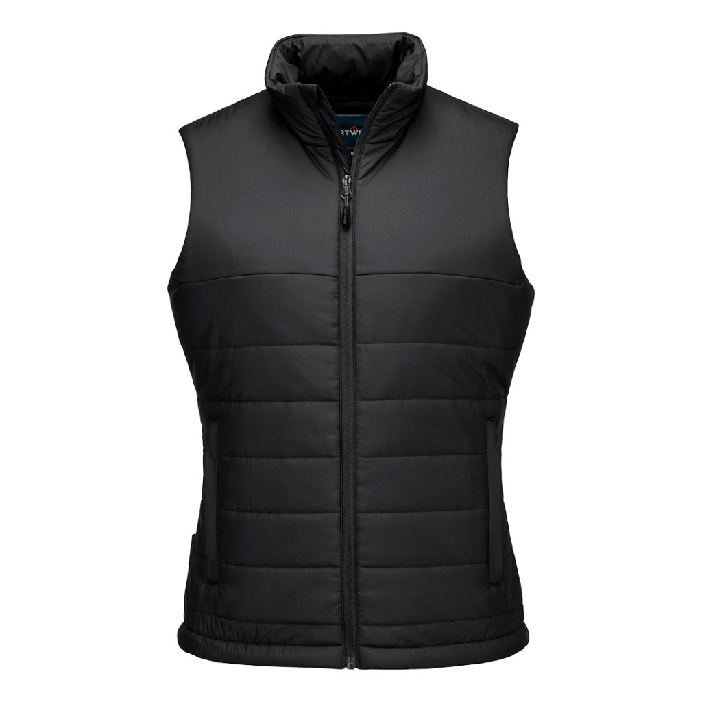 A women's black safety vest featuring a warm thermal lining, suitable for a wide range of outdoor and site work applications.