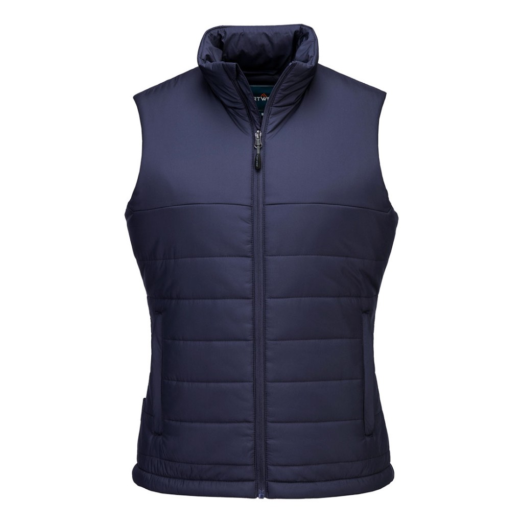 A women's navy blue safety vest featuring a warm thermal lining, suitable for a wide range of outdoor and site work applications.