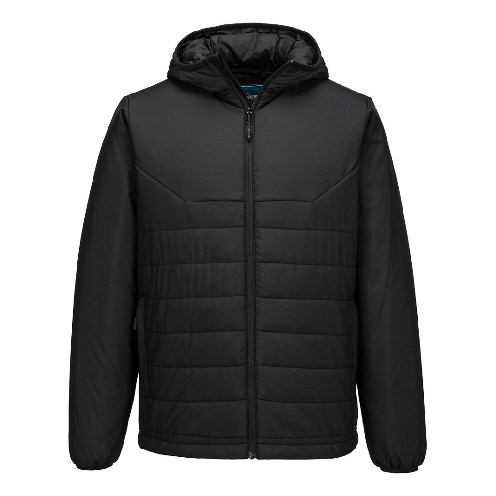A black padded jacket featuring a warm thermal lining, suitable for a wide range of outdoor and site work applications.