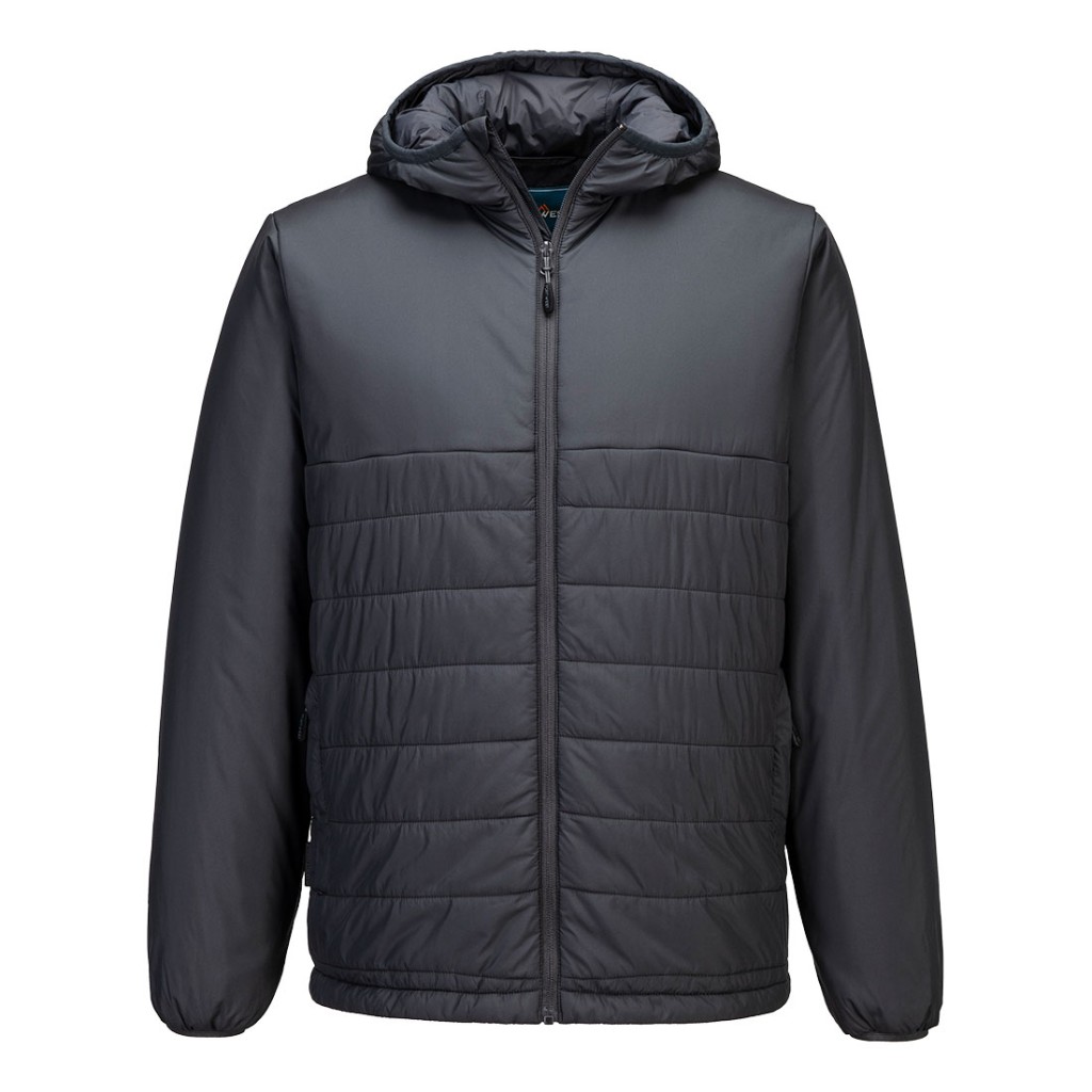 A grey padded jacket featuring a warm thermal lining, suitable for a wide range of outdoor and site work applications.