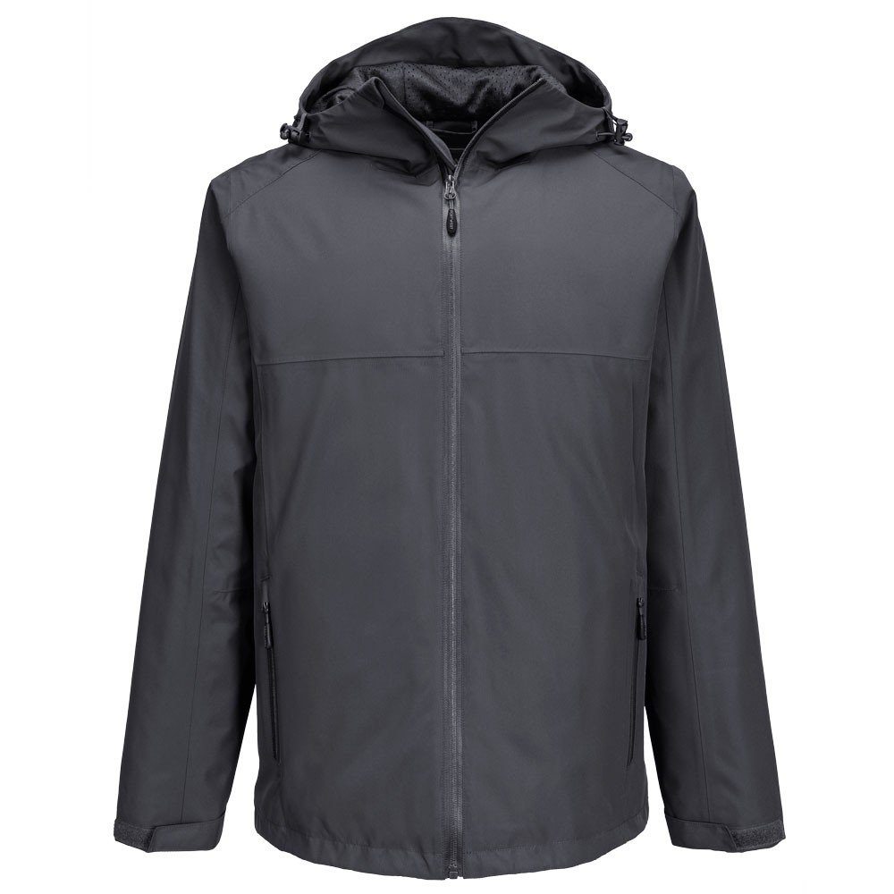 A grey waterproof jacket designed for use on construction sites and in industrial work environments.,