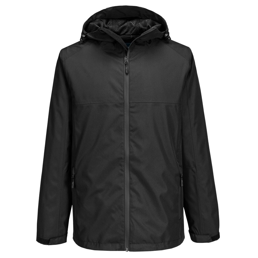 A navy blue waterproof jacket designed for use on construction sites and in industrial work environments.,