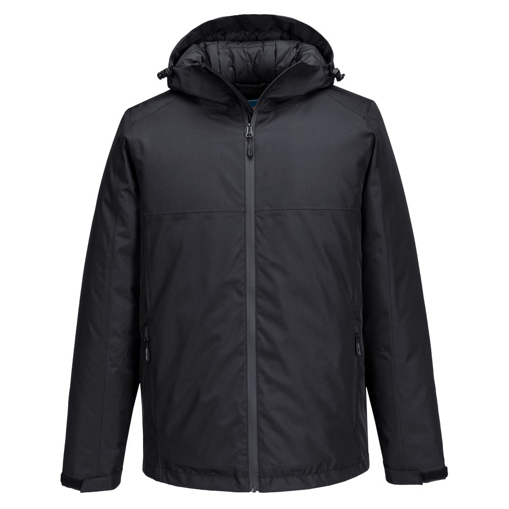 A black jacket designed for use on construction sites and in industrial work environments.,