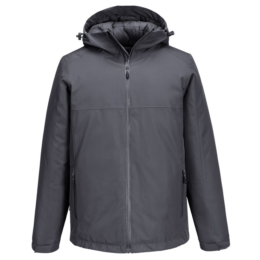 A grey jacket designed for use on construction sites and in industrial work environments.,