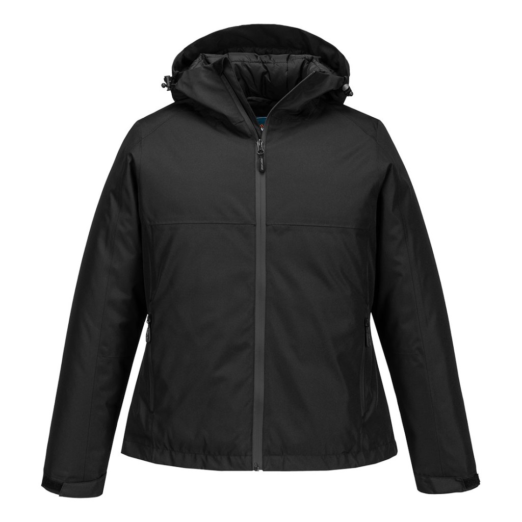A women's black jacket designed for use on construction sites and in industrial work environments.,