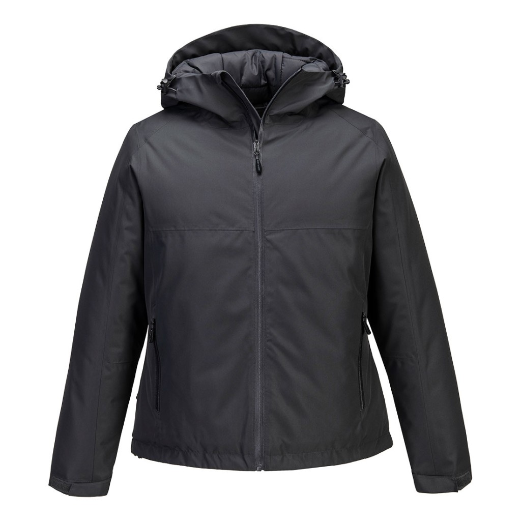A women's grey jacket designed for use on construction sites and in industrial work environments.,