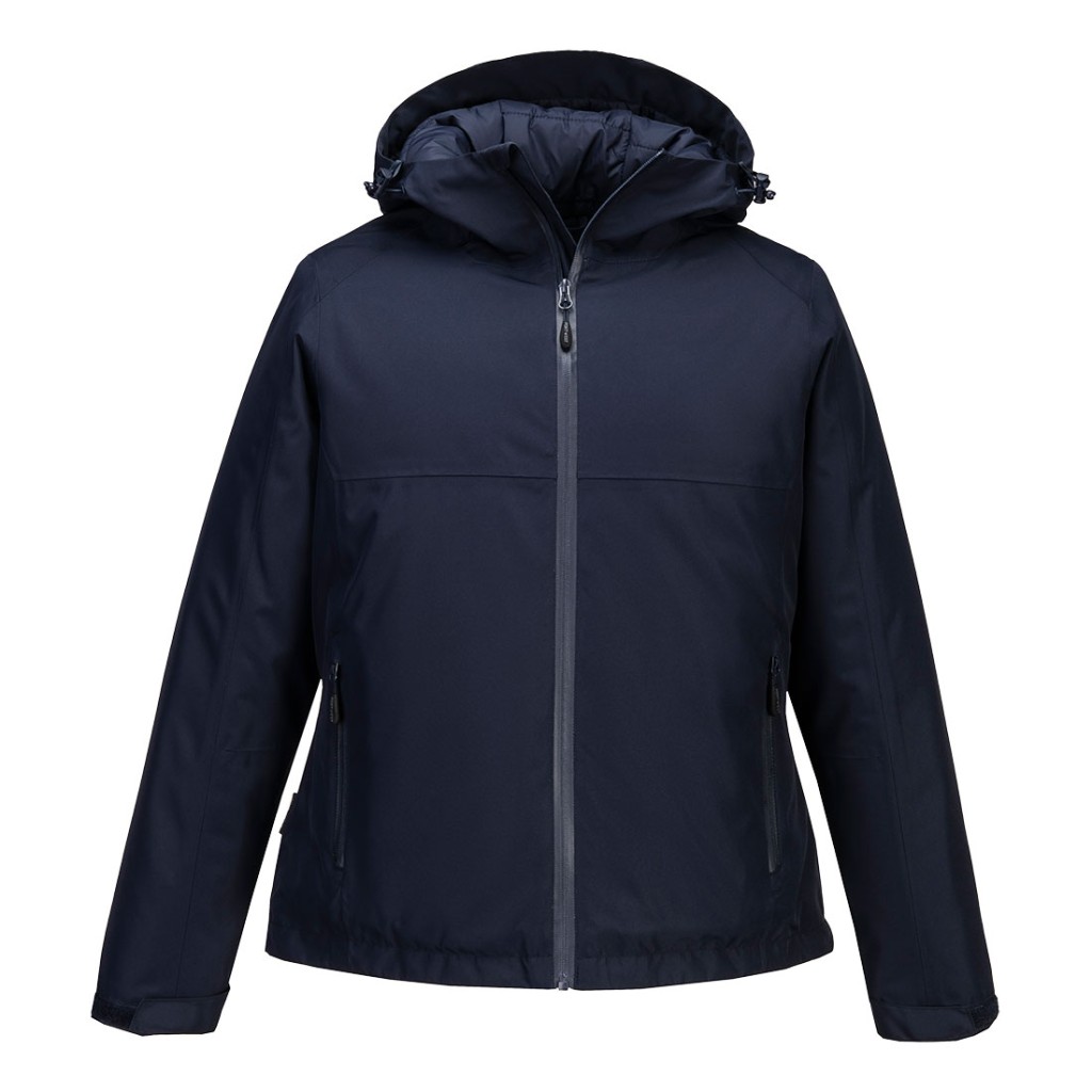 A women's navy blue jacket designed for use on construction sites and in industrial work environments.,