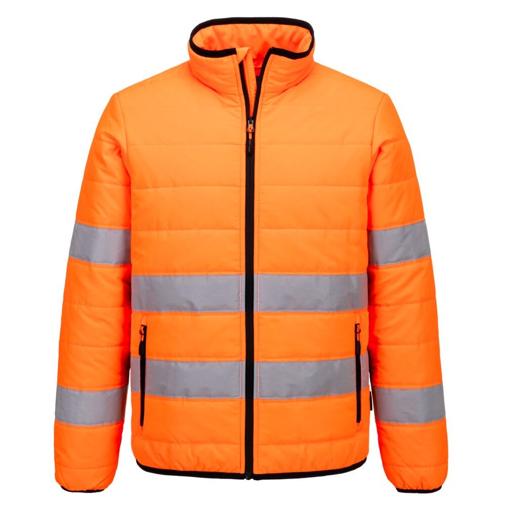 A high-visibility orange jacket featuring retroreflective tape panels, suitable for a wide range of outdoor and site work applications.