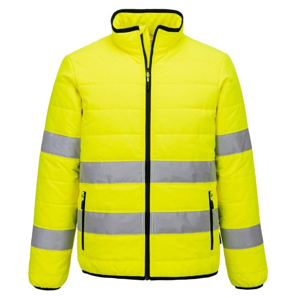 A high-visibility yellow jacket featuring retroreflective tape panels, suitable for a wide range of outdoor and site work applications.