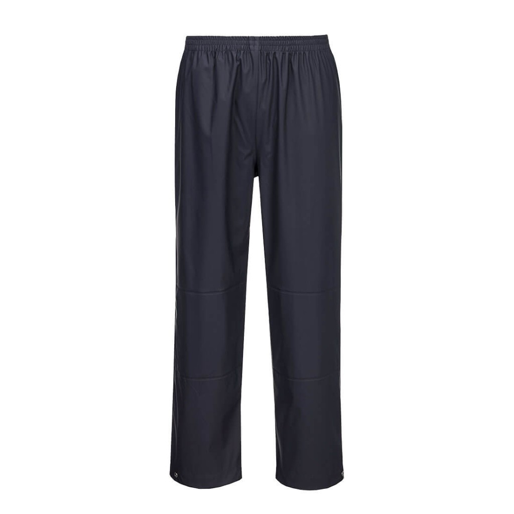 A pair of navy blue work trousers featuring stretch panels for ease of movement, suitable for a wide range of outdoor and site work applications.