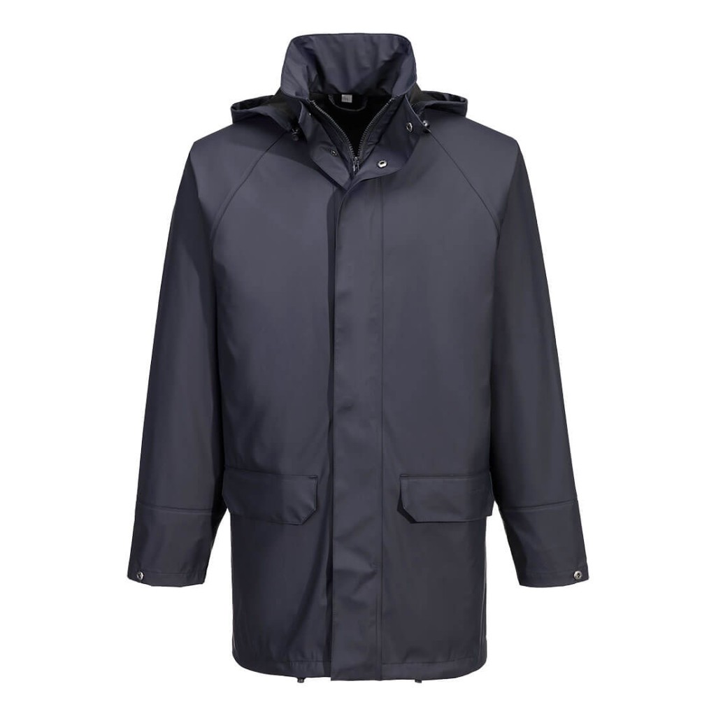 A navy blue jacket featuring stretch panels for ease of movement, suitable for a wide range of outdoor and site work applications.