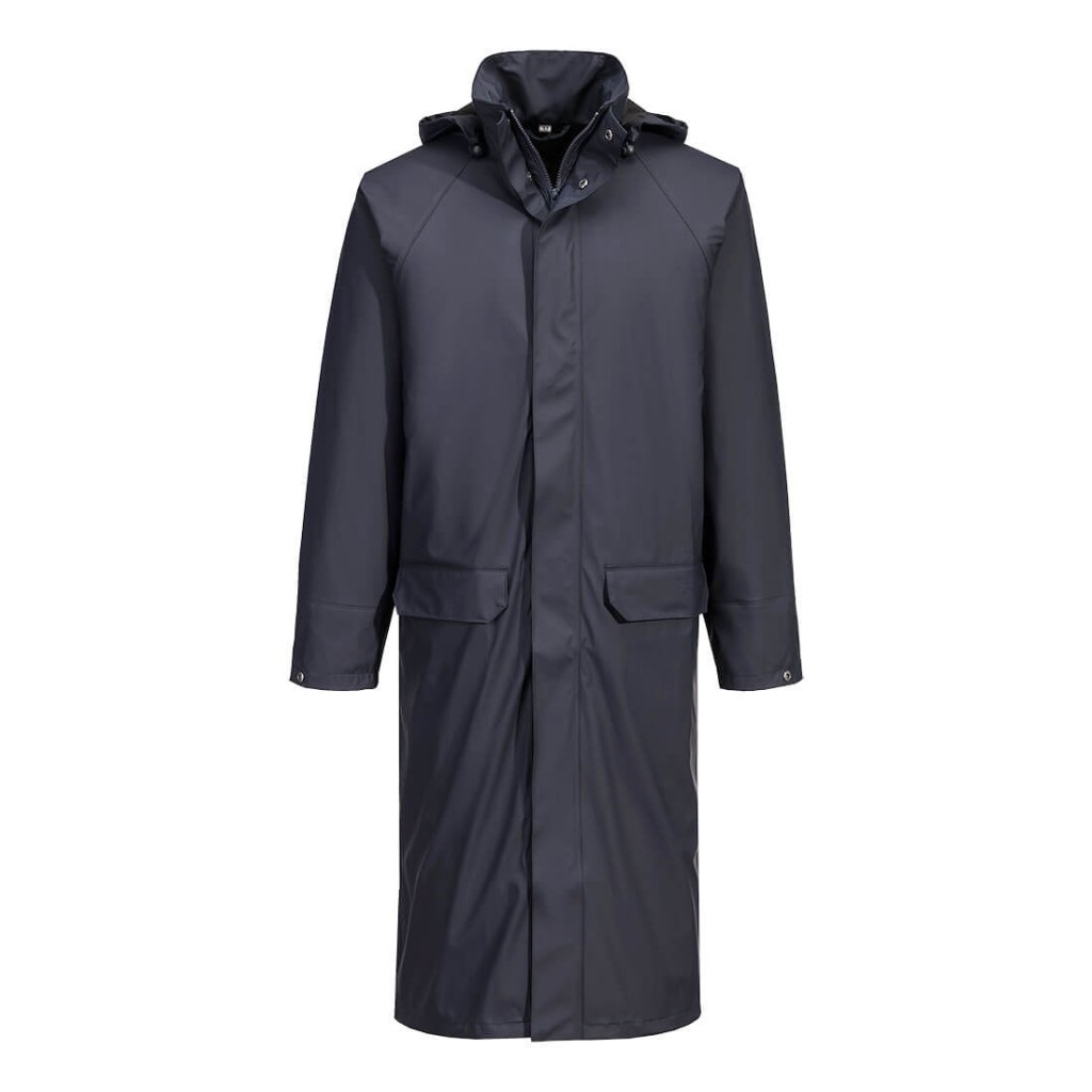A navy blue jacket featuring stretch panels for ease of movement, suitable for a wide range of outdoor and site work applications.