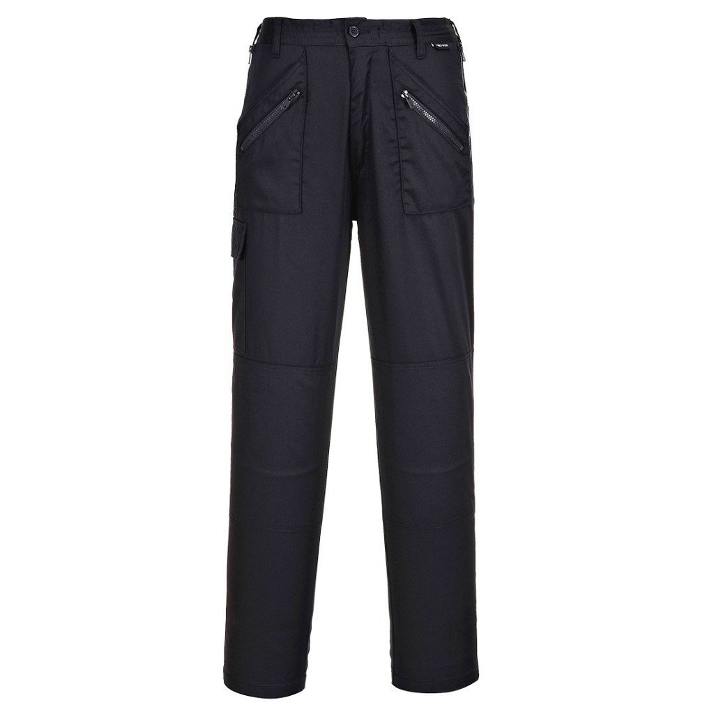 A pair of women's black work trousers designed for use on construction sites and in industrial work environments.,