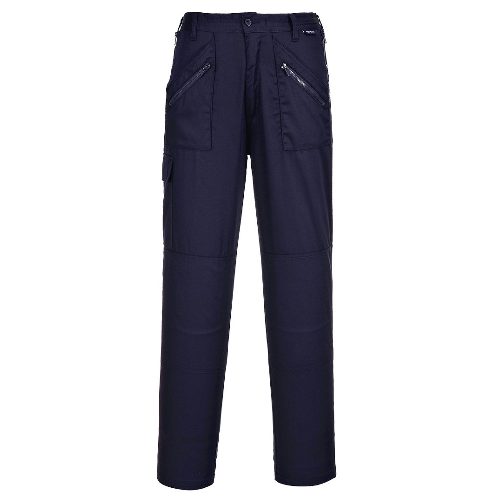 A pair of women's navy blue work trousers designed for use on construction sites and in industrial work environments.,