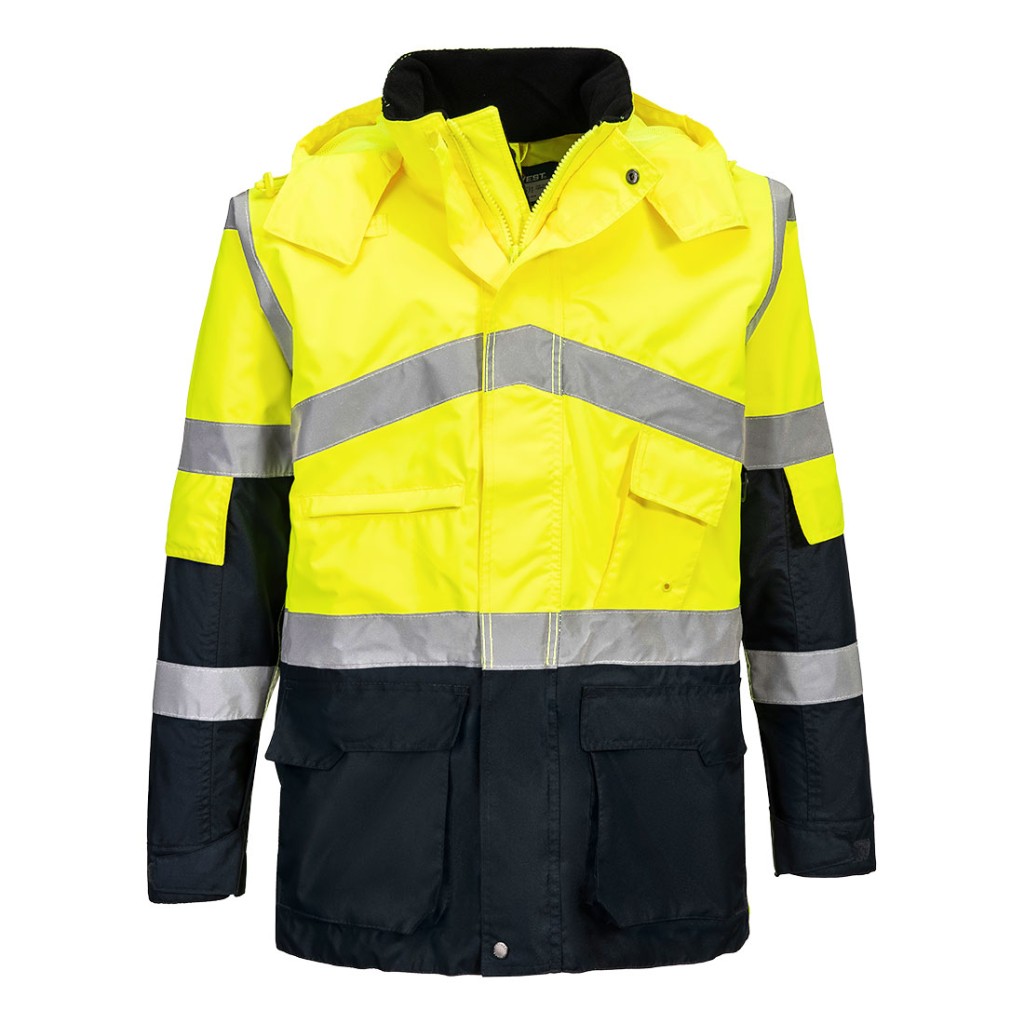 A high-visibility yellow waterproof jacket featuring retroreflective tape panels, a breathable membrane, suitable for a wide range of outdoor and site work applications.