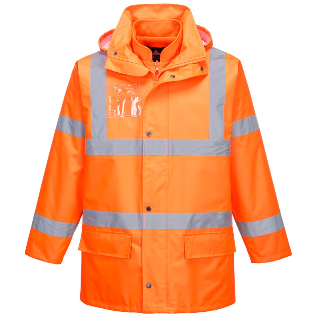 A high-visibility orange jacket featuring retroreflective tape panels, suitable for a wide range of outdoor and site work applications.