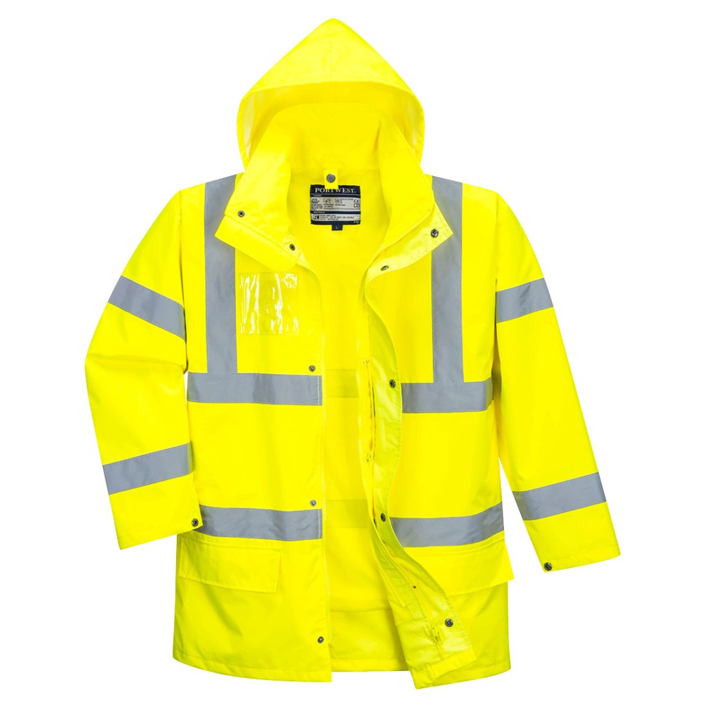 A high-visibility yellow jacket featuring retroreflective tape panels, suitable for a wide range of outdoor and site work applications.