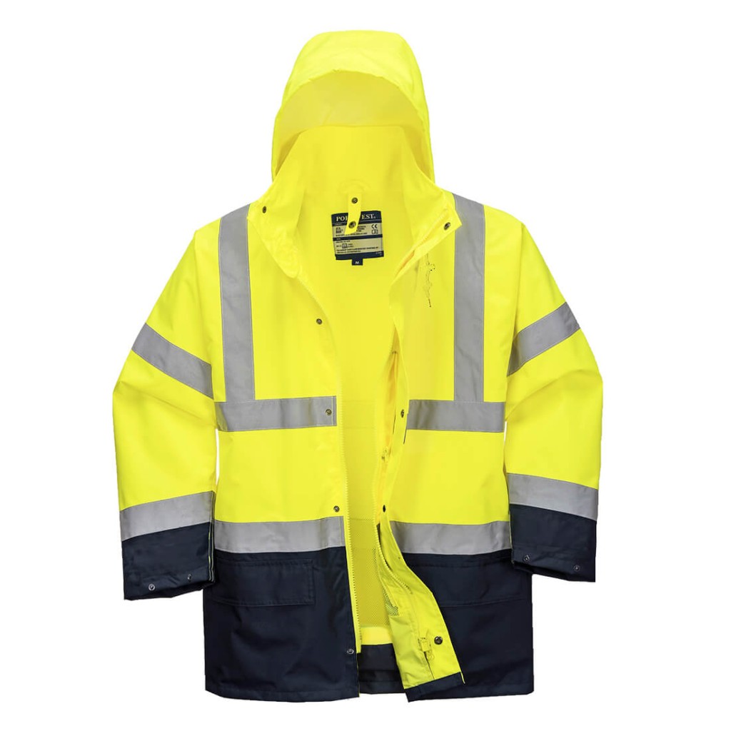 A high-visibility yellow jacket featuring retroreflective tape panels, suitable for a wide range of outdoor and site work applications.