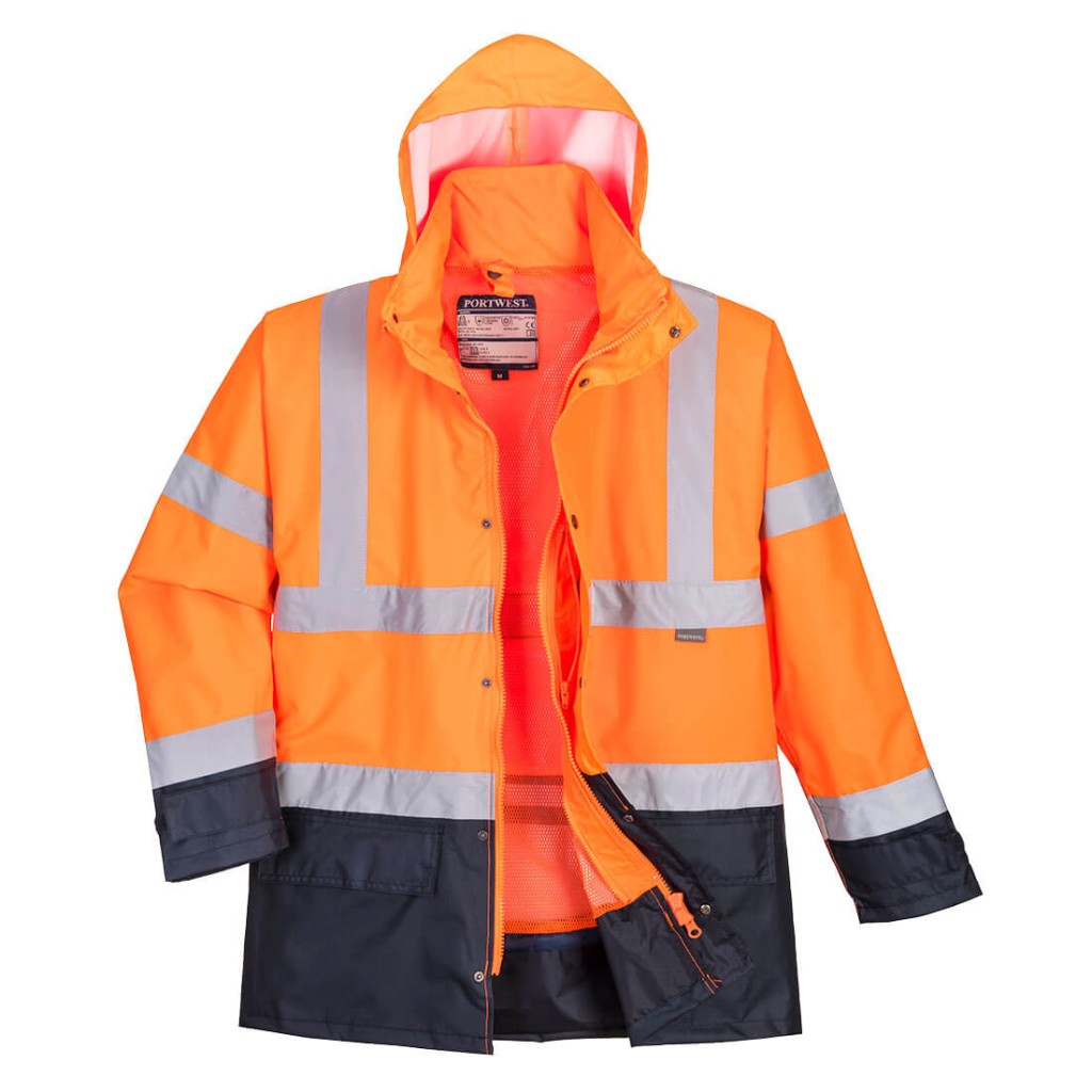 A high-visibility orange jacket featuring retroreflective tape panels, suitable for a wide range of outdoor and site work applications.