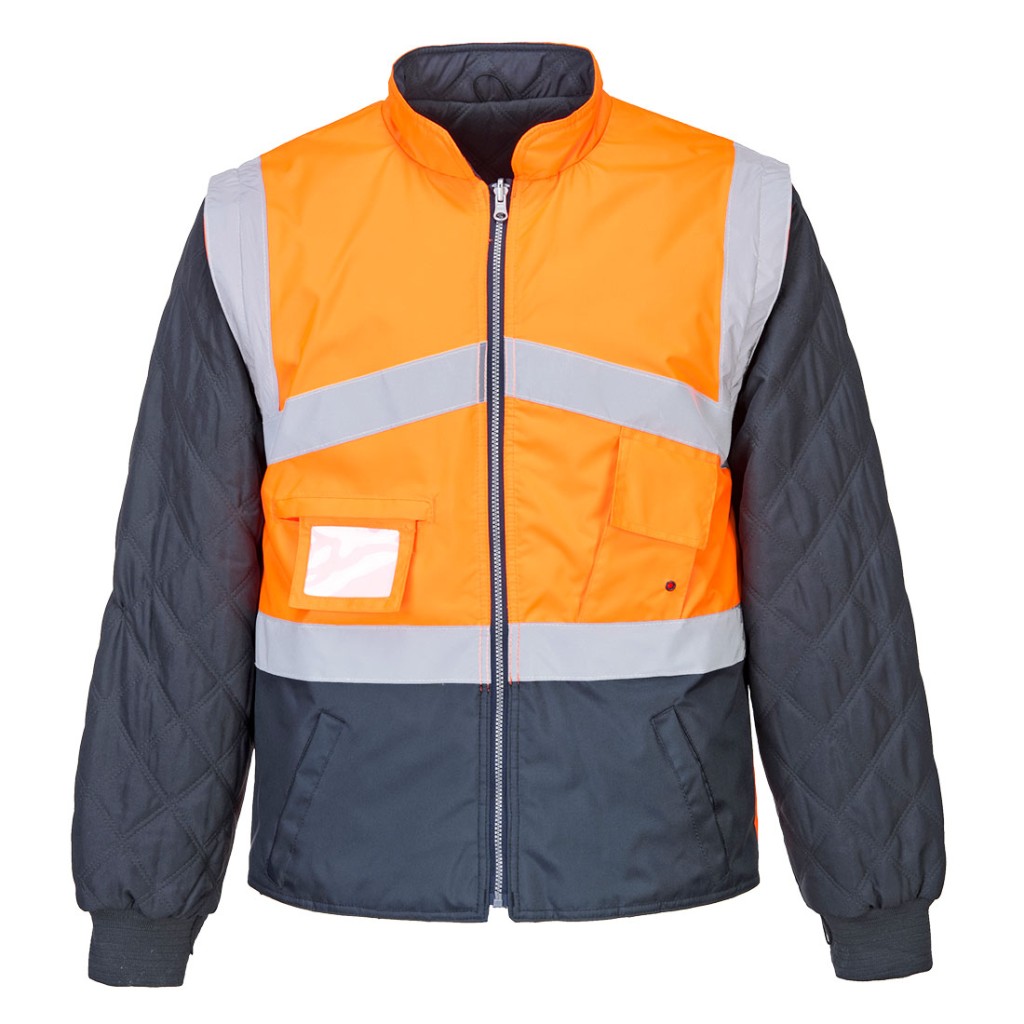 A high-visibility orange waterproof jacket featuring retroreflective tape panels, a breathable membrane, suitable for a wide range of outdoor and site work applications.