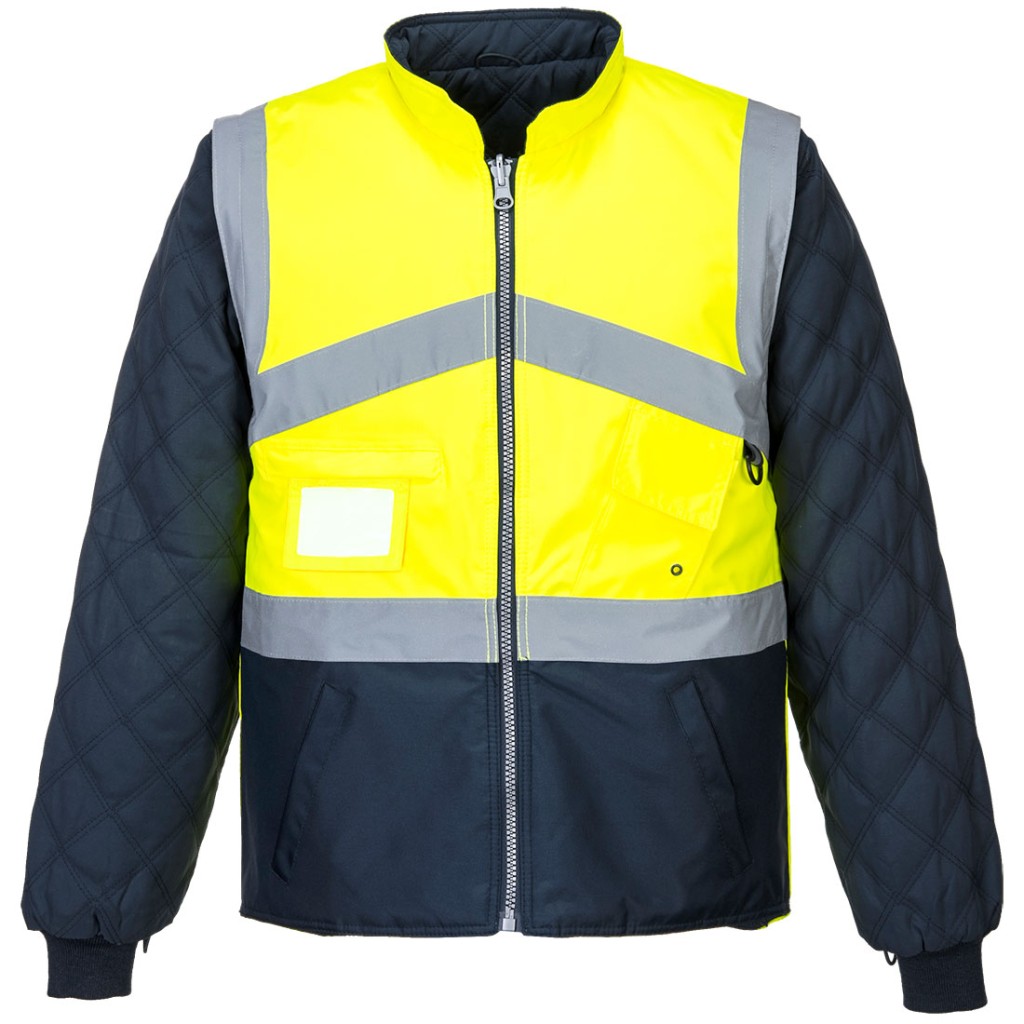 A high-visibility yellow waterproof jacket featuring retroreflective tape panels, a breathable membrane, suitable for a wide range of outdoor and site work applications.