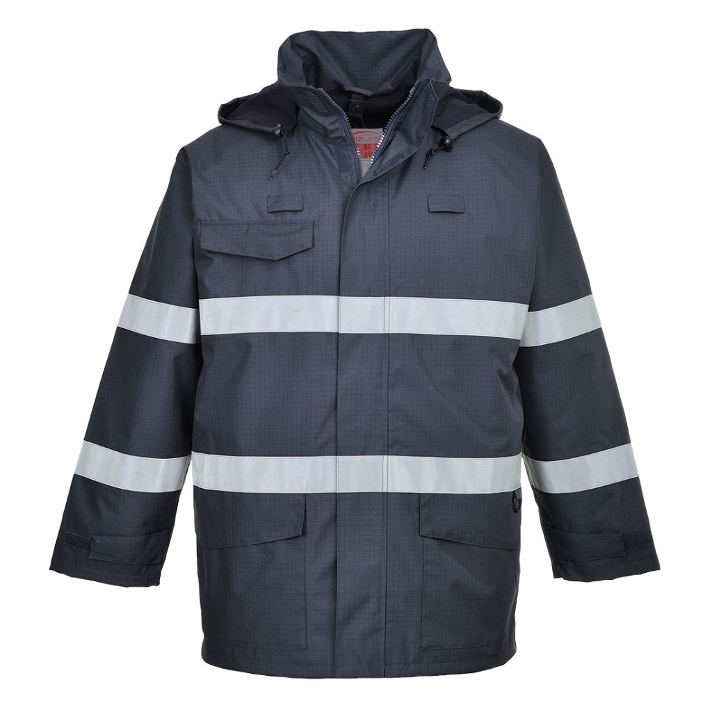 A navy blue waterproof jacket featuring flame-resistant fabric, suitable for a wide range of outdoor and site work applications.