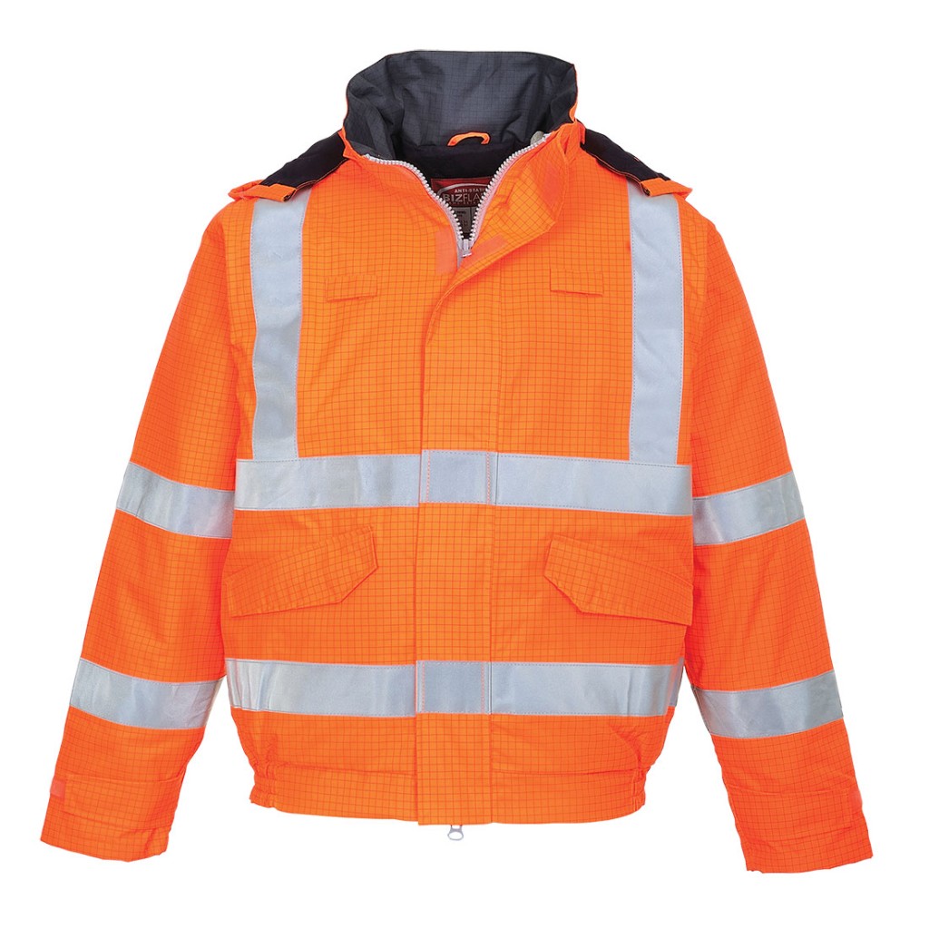 A high-visibility orange waterproof jacket featuring retroreflective tape panels, flame-resistant fabric, suitable for a wide range of outdoor and site work applications.