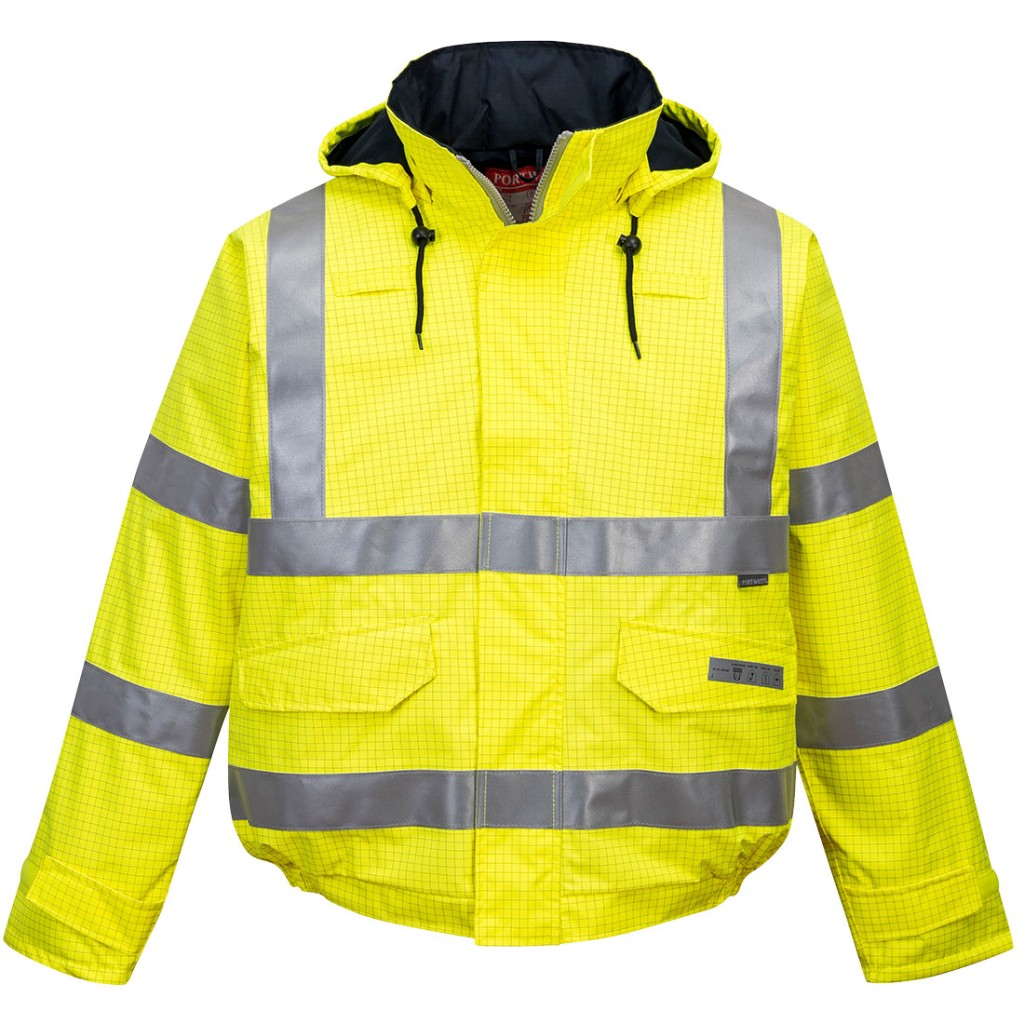 A high-visibility yellow waterproof jacket featuring retroreflective tape panels, flame-resistant fabric, suitable for a wide range of outdoor and site work applications.