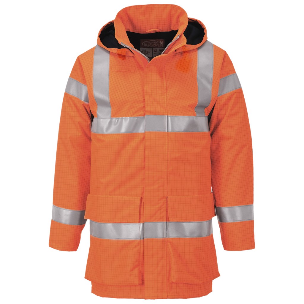 A high-visibility orange waterproof jacket featuring retroreflective tape panels, flame-resistant fabric, suitable for a wide range of outdoor and site work applications.
