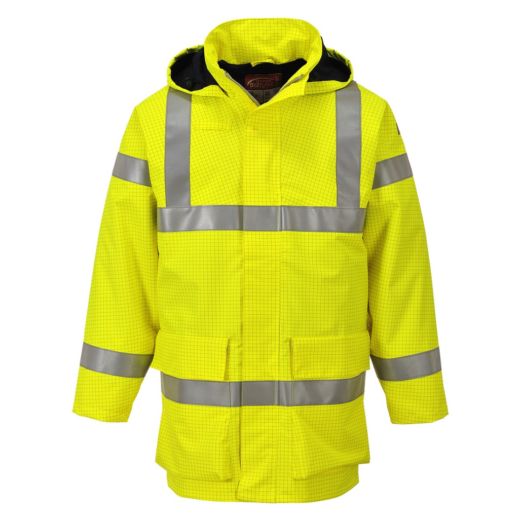 A high-visibility yellow waterproof jacket featuring retroreflective tape panels, flame-resistant fabric, suitable for a wide range of outdoor and site work applications.